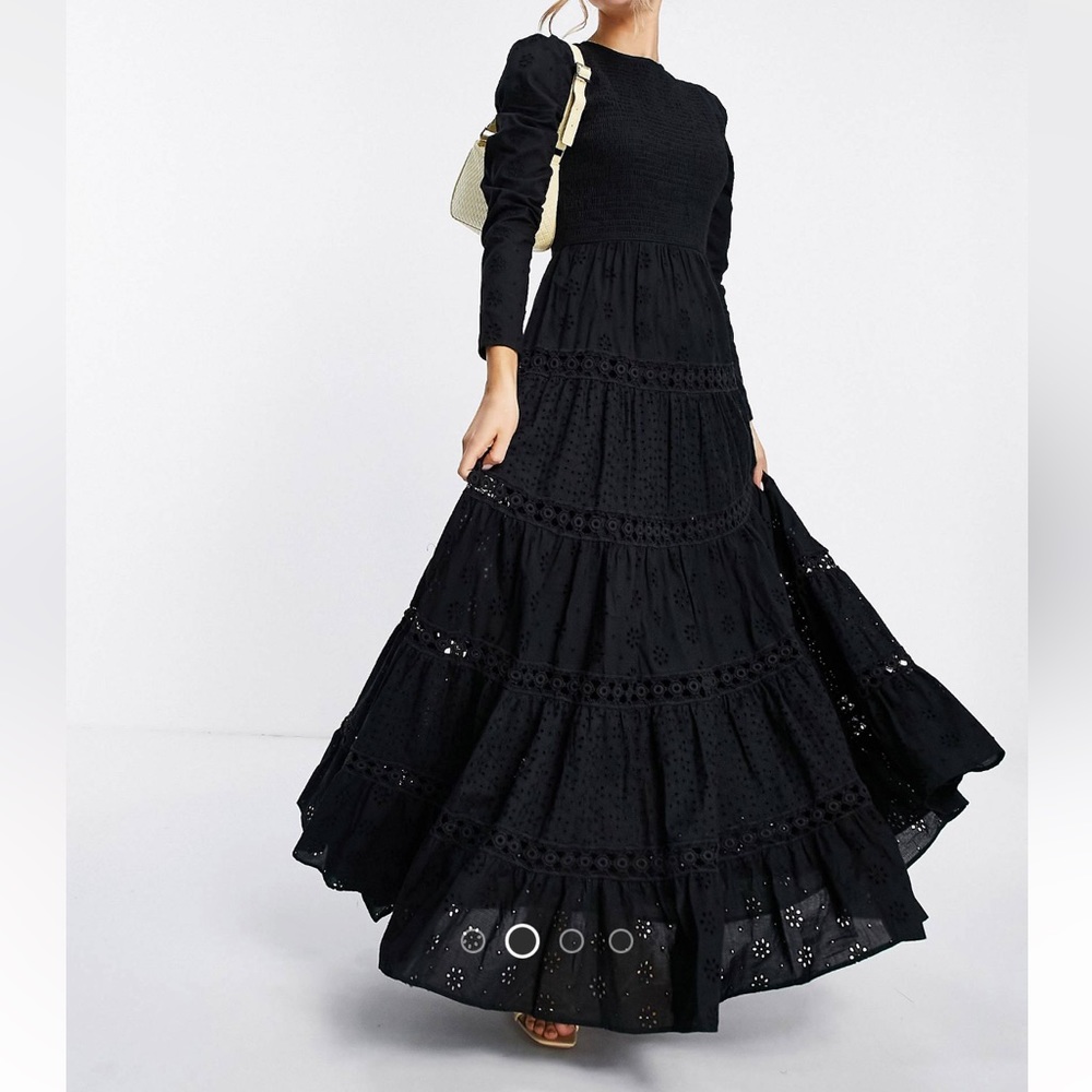 NWOT Shirred maxi broderie tiered maxi dress with lace inserts in black
